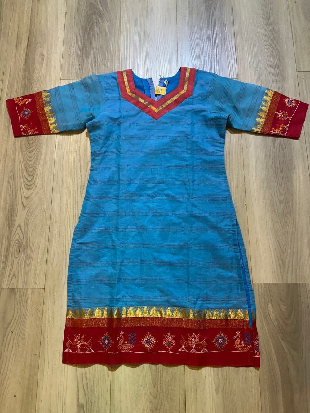 Shalgar Shalwar Kameez Kurta Tunic Dress Blue Red Gold Peacock Woven Size 30